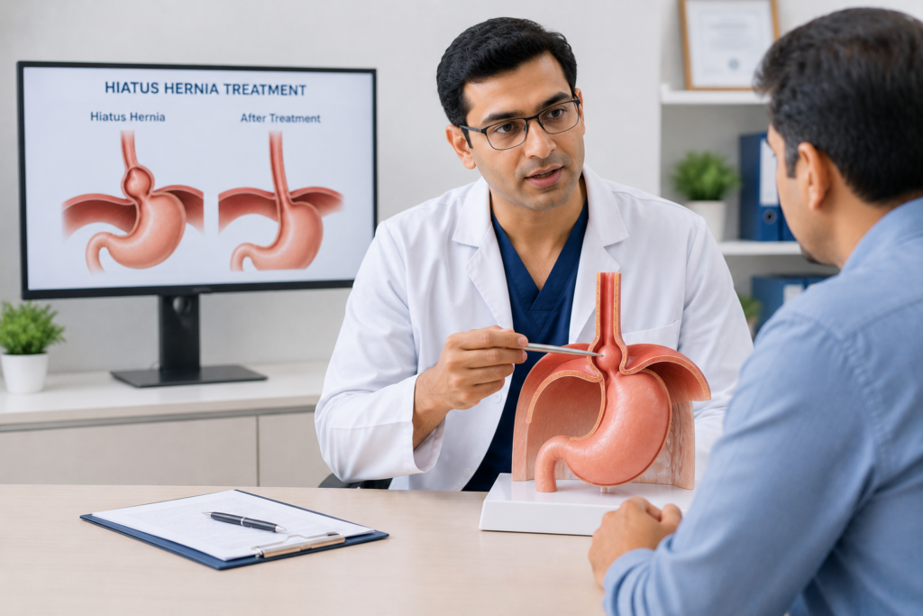 Hiatus Hernia Specialist in Mumbai explaining minimally invasive hernia treatment to a patient